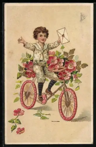Präge-AK Junge im Matrosenanzug auf einem Blumen-Fahrrad