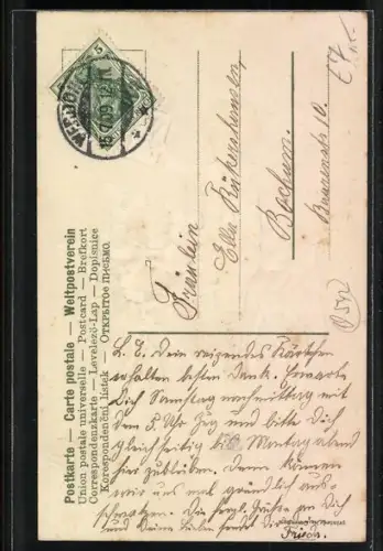 Präge-AK Junge im Matrosenanzug auf einem Blumen-Fahrrad