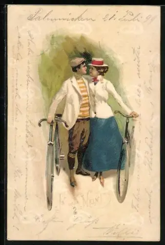 Lithographie Paar schiebt seine Fahrräder
