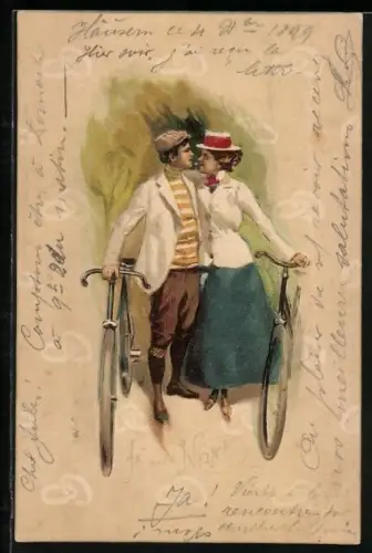 Lithographie Liebespaar mit Fahrrädern