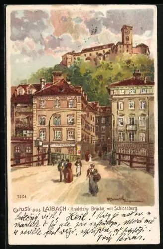 Künstler-AK Karl Heinisch: Laibach, Hradetzky-Brücke mit Schlossberg