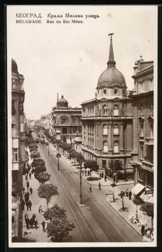 AK Belgrade, Rue du Roi Milan, Strassenbahnen unterwegs