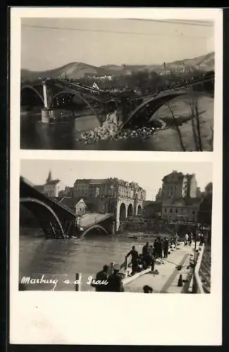 AK Maribor / Marburg, zwei eingestürzte Flussbrücken