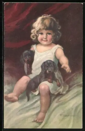 Künstler-AK kleines Mädchen mit ihren Hunden