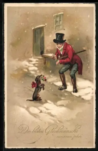 AK Weihnachtsgruss, Herr mit seinem Dackel