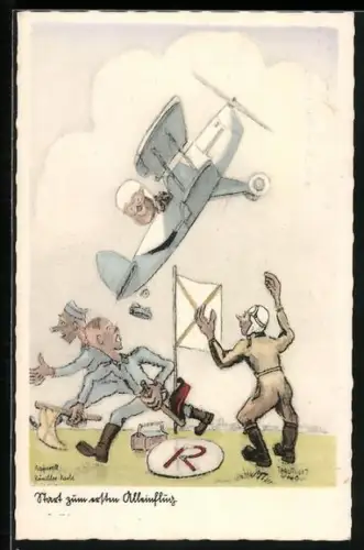 Künstler-AK Flieger-Humor, Start zum ersten Alleinflug