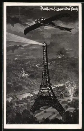 AK Paris, Deutsche Flieger beschiessen die Stadt, Eifelturm