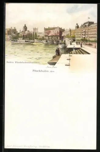 Lithographie Stockholm, Södra Blasieholmshamnen, Dampfer