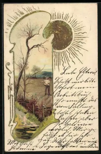 AK Sonne mit Gesicht, Mann sät sein Feld