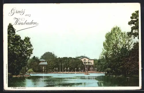 AK Wiesbaden, Kurhaus, Teich, Parkanlage
