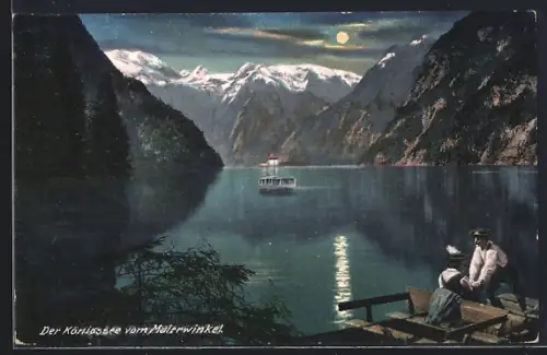 AK Königssee / Berchtesgaden, Blick vom Malerwinkel auf See und Berge bei Mondschein