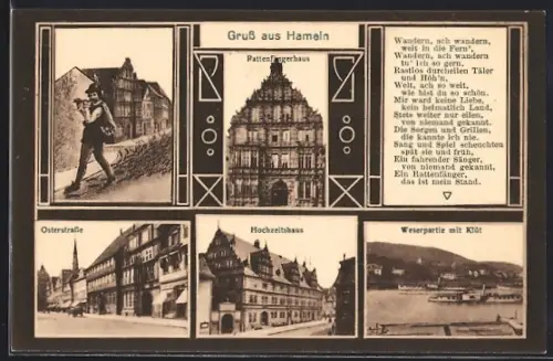 AK Hameln, Rattenfängerhaus, Hochzeitshaus, Weserpartie mit Klüt, Osterstrasse