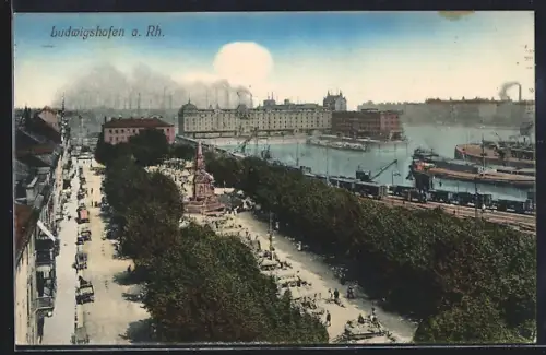 AK Ludwigshafen a. Rh., Rheinpromenade, Hafen, Denkmal