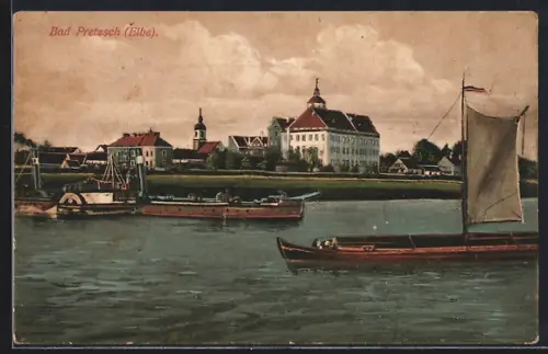 AK Bad Pretzsch /Elbe, Elbblick mit Schloss, Kirche, Schleppdampfer auf der Elbe