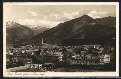 AK Bad Wiessee, Blick auf Ort und Kirche gegen Blauberge
