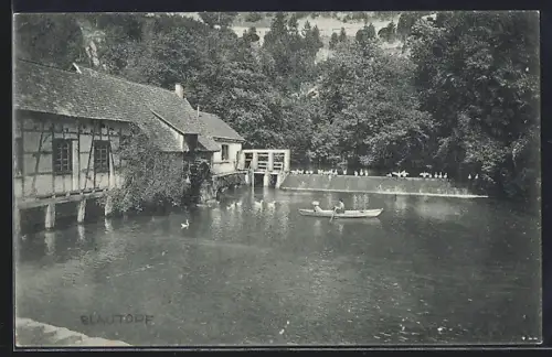 AK Blaubeuren, Wassermühle am Blautopf, Fachwerkhaus, Ruderboot, Teichansicht