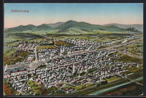 AK Offenburg, Stadtansicht mit Bahnhof aus der Vogelschau