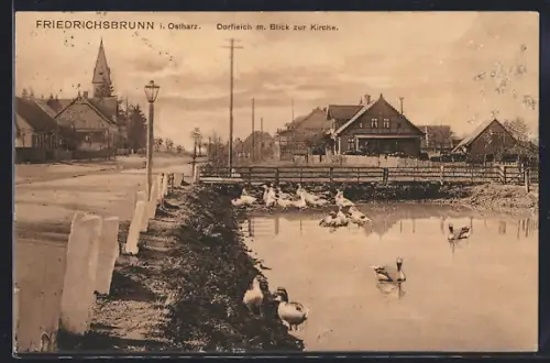 AK Friedrichsbrunn i. Ostharz, Dorfteich, Blick zur Kirche