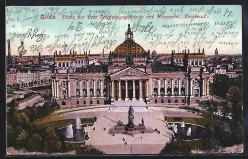AK Berlin, Platz vor dem Reichstagsgebäude, Bismarck-Denkmal