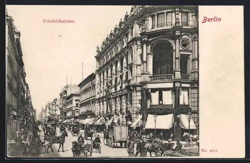 AK Berlin, Friedrichstrasse, Strassenszene mit Geschäftshäusern und Pferdefuhrwerken