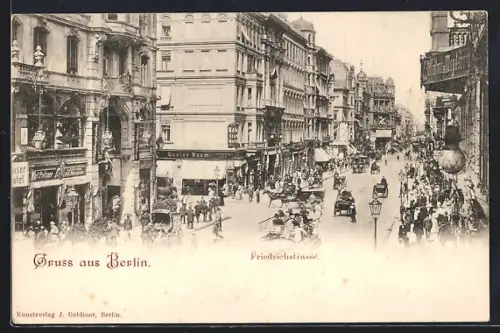 AK Berlin, Friedrichstrasse, Strassenszene mit Geschäften und Passanten