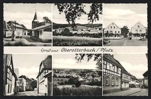 AK Oberotterbach /Pfalz, Kirche, Gasthaus u. Pension Goldener Stern, Bes. Joh. Brunck