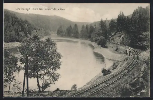 AK Gernrode a. Harz, Heiliger Teich, Eisenbahnstrecke