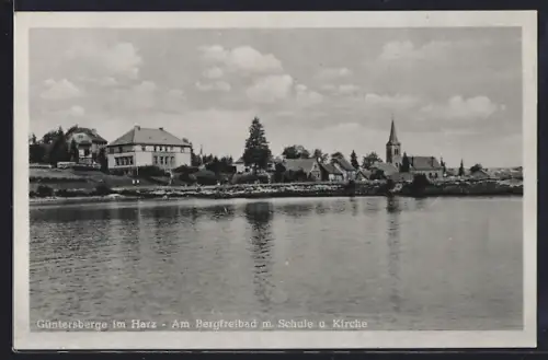 AK Güntersberge im Harz, Am Bergfreibad, Schule, Kirche
