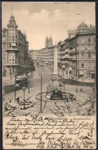 AK Magdeburg, Hasselbachplatz mit Obelisk und Strassenbahn