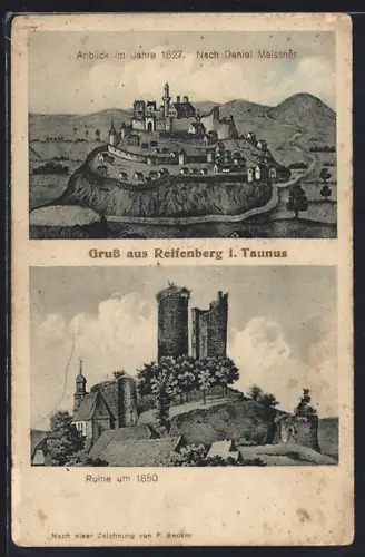 AK Reifenberg i. Taunus, Burg im Jahr 1627 und Ruine um 1850