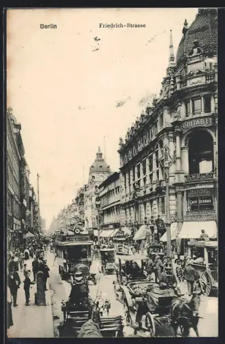 AK Berlin, Friedrich-Strasse, Strassenszene mit Equitable-Gebäude und Café Bauer