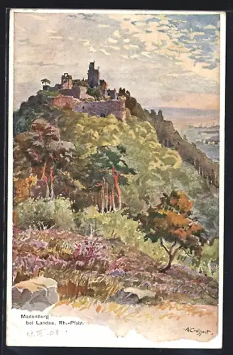 Künstler-AK Madenburg bei Landau, Burg auf dem Bergrücken
