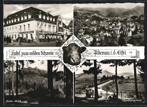 AK Adenau i. d. Eifel, Hotel zum wilden Schwein, Bes. R. Doepel, Hohe Acht, Nürburgring, Ortsansicht
