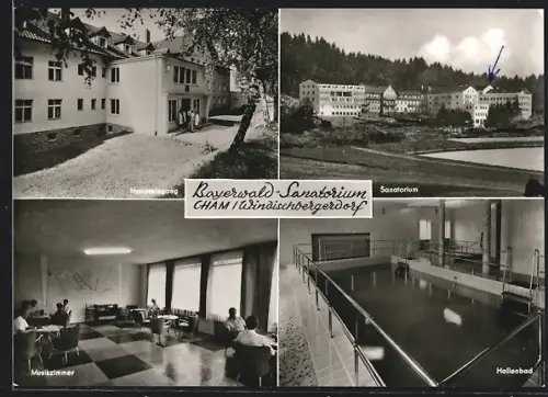 AK Cham /Windischbergerdorf, Bayerwald-Sanatorium, Haupteingang, Musikzimmer, Hallenbad