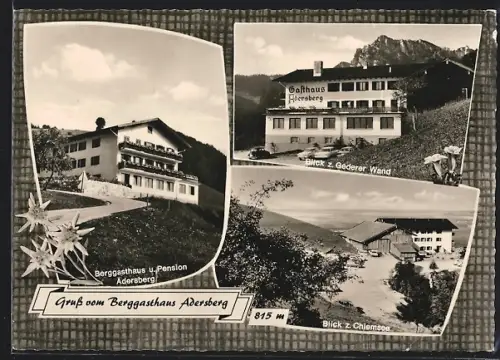 AK Adersberg /Bayer. Alpen, Berggasthaus und Pension Adersberg, Blick zur Gederer Wand und zum Chiemsee