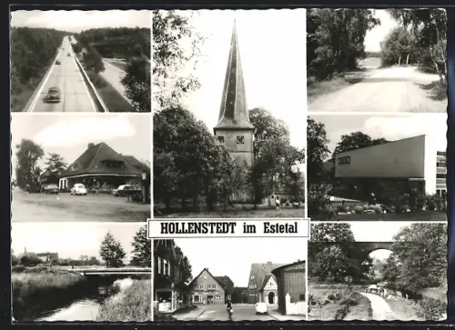 AK Hollenstedt im Estetal, Kirche, Gasthaus, Brücke, verschiedene Ortsansichten