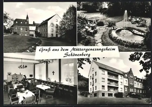 AK Schönenberg / Siegkreis, Müttergenesungsheim St. Vinzenzhaus, Gebäude, Speisesaal, Garten mit Springbrunnen