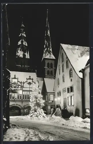 AK Lemgo, Rathaus, St. Nicolai im Winter
