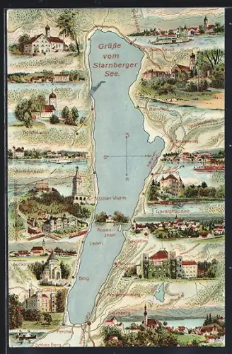 AK Starnberg, Karte vom Starnberger See mit Berg, Arnbach, Tutzing und Holzhausen