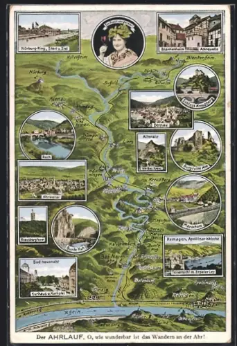 AK Bad Neuenahr, Karte fes Ahrlaufes mit Nürburg-Ring, Mayschoss, Apollinariskirche und Krausbergturm