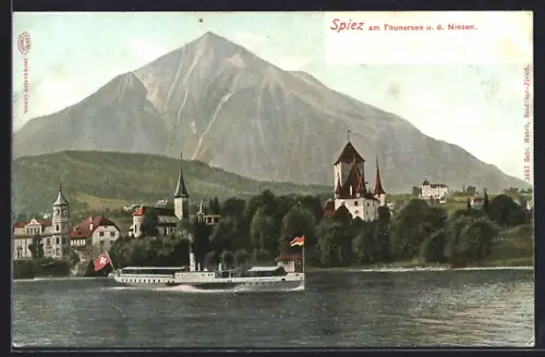 AK Spiez, Teilansicht mit Thunersee und Dampfer