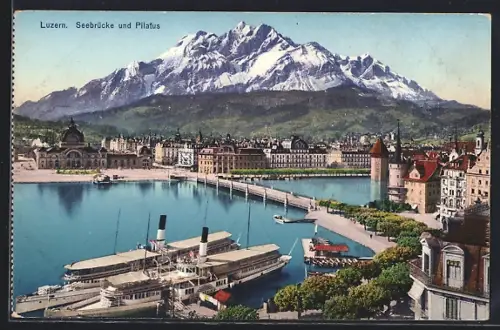 AK Luzern, Seebrücke und Pilatus, mit Dampfern