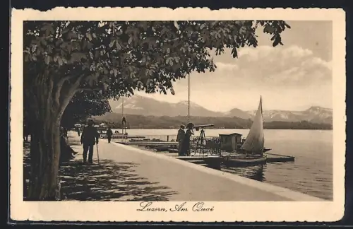 AK Luzern, Am Quai, mit Segeljolle u. Bergpanorama