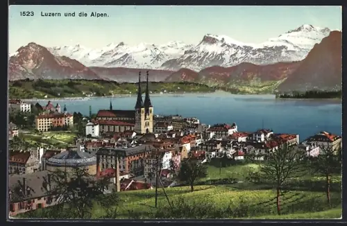 AK Luzern, Teilansicht mit Alpen aus der Vogelschau