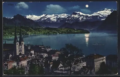 AK Luzern, Teilansicht mit Wasserblick u. Alpen bei Vollmond