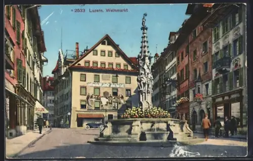 AK Luzern, Weinmarkt mit Säulendenkmal u. Geschäften