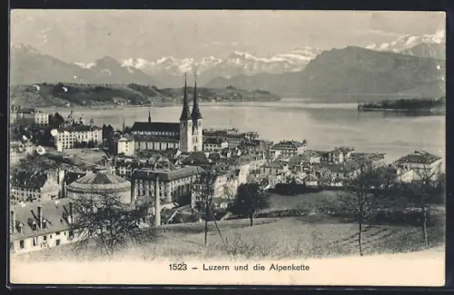 AK Luzern, Teilansicht mit Alpenkette aus der Vogelschau