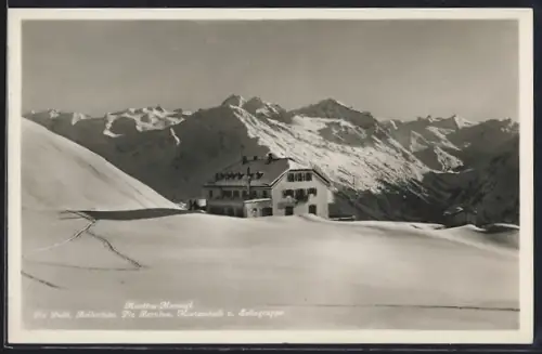AK Muottas-Muraigl, Gasthaus im Winter, mit Piz Palü, Bellavista, Piz Bernina, Morteratsch u. Sellagruppe