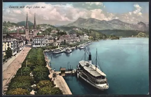 AK Luzern, Teilansicht mit Uferstrasse, Dampfer und Rigi aus der Vogelschau