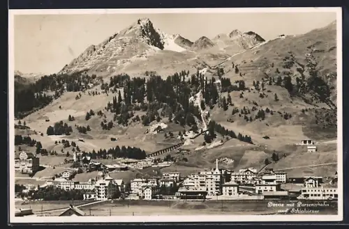 AK Davos, Totalansicht mit Parsenbahn und Schiahörner